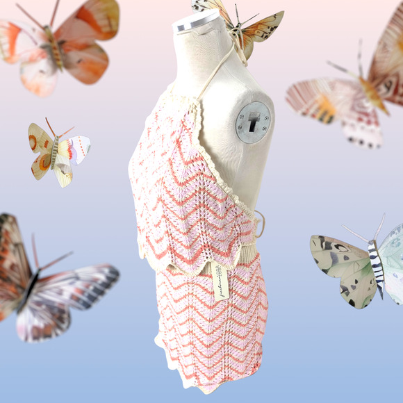 Women’s Crochet 2 Piece Set Skirt Cropped Top Backless Pink Orange Beige New WT - Picture 7 of 16